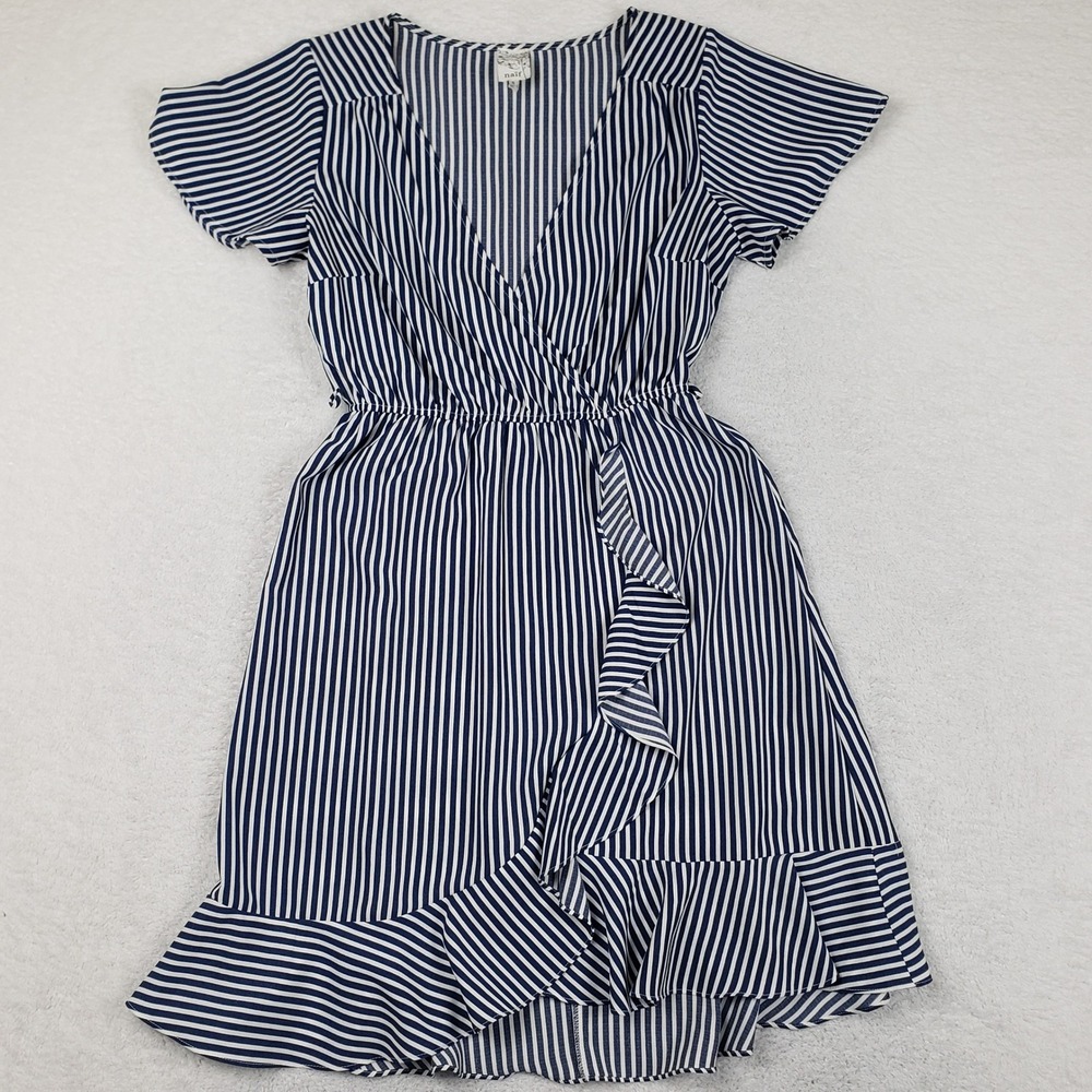 Naif Navy Blue White Striped Ruffle Wrap Mini Dress Womens M Coastal Nautical